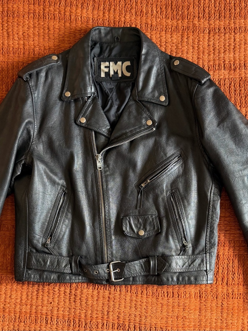 Vintage FMC Genuine Leather Motorcycle Biker Jacket Black Size 46